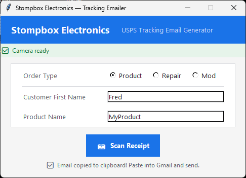 Email is copied to clipboard once the tracking number is confirmed to be read.